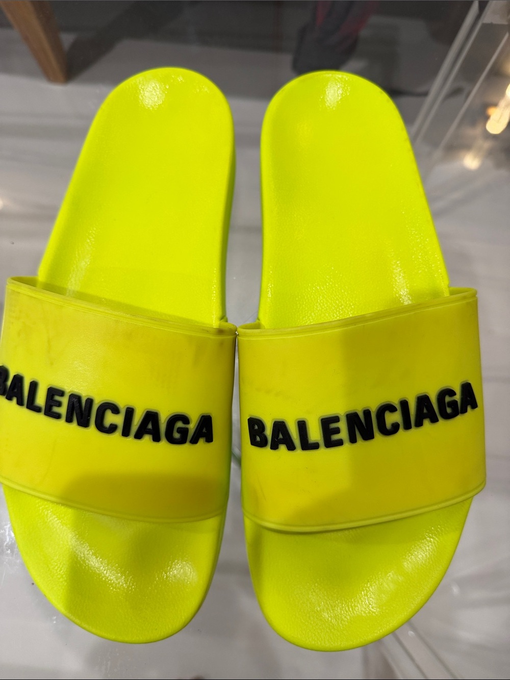 Balenciaga mens Neon Yellow pool Slide Sandals with Black Logo